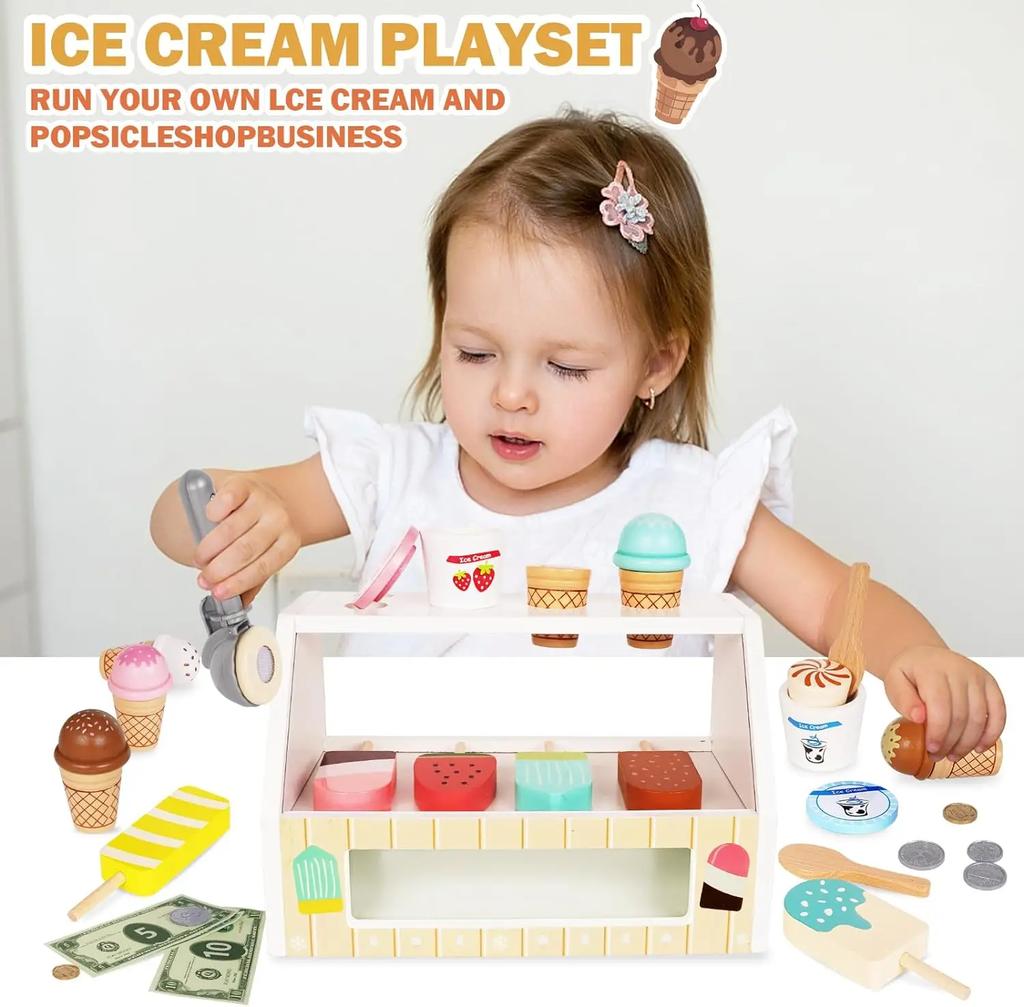 Wooden Pretend Toys Simulation Ice Cream Counter Playset Pretend Play Toys Kitchen Accessories Montessori Learning Toy for Kids
