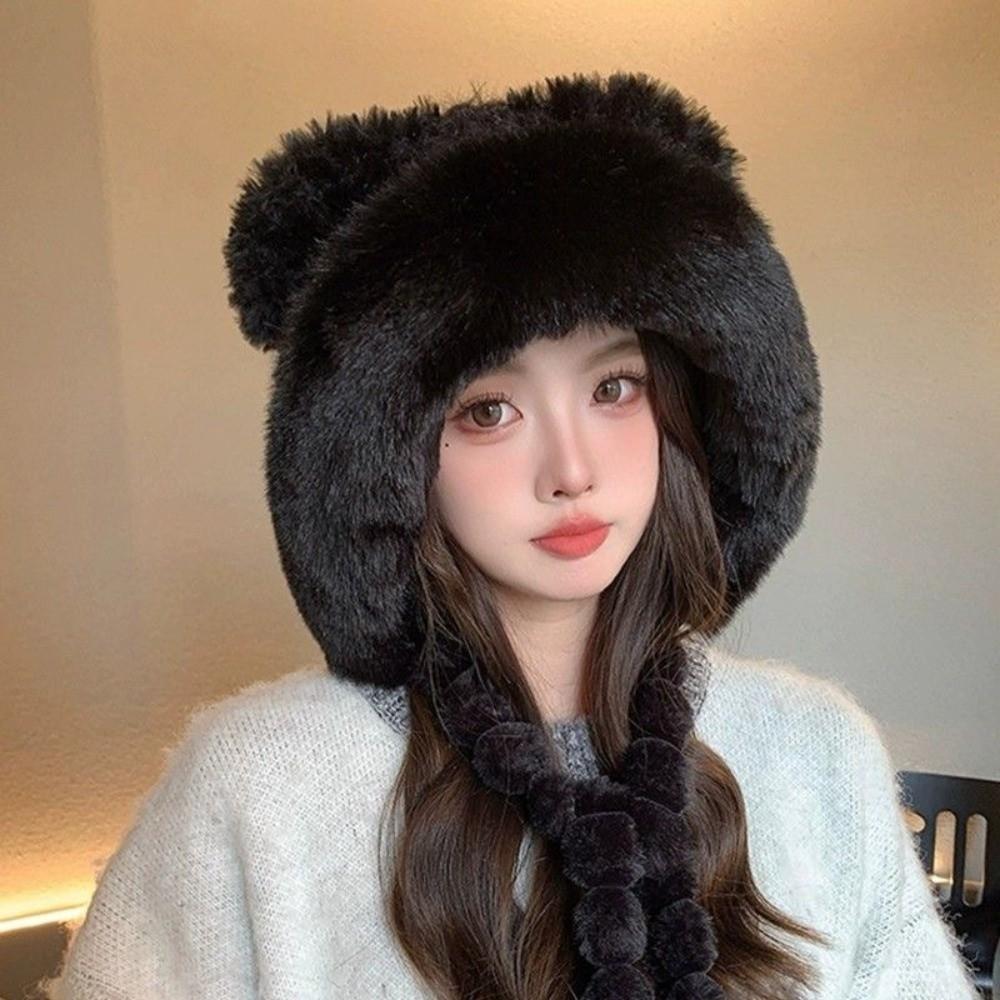 New Warm Warm Ear Protection Hat Ethnic Style Thick Plush Ear Protection Hat Pompom Fluffy Cute Bucket Hat for Women