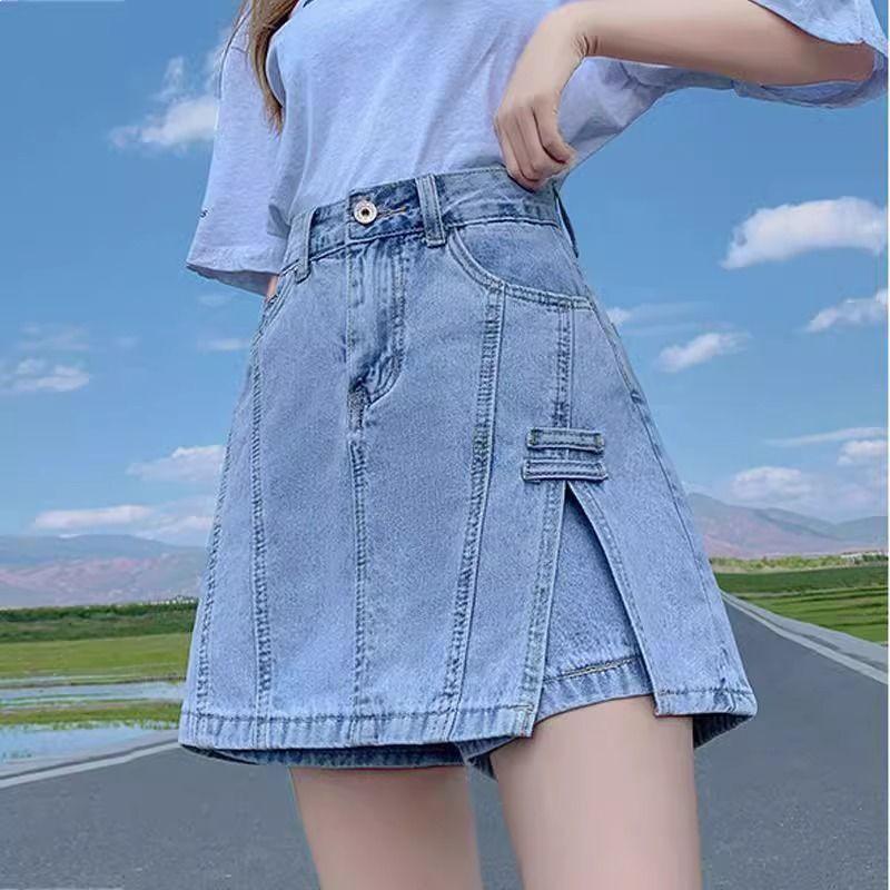 

Women s A-Line Denim Midi Skirt - Summer Patchwork, High-Waist, Hip-Hugging Design S (Recommended 80-95 Jin)