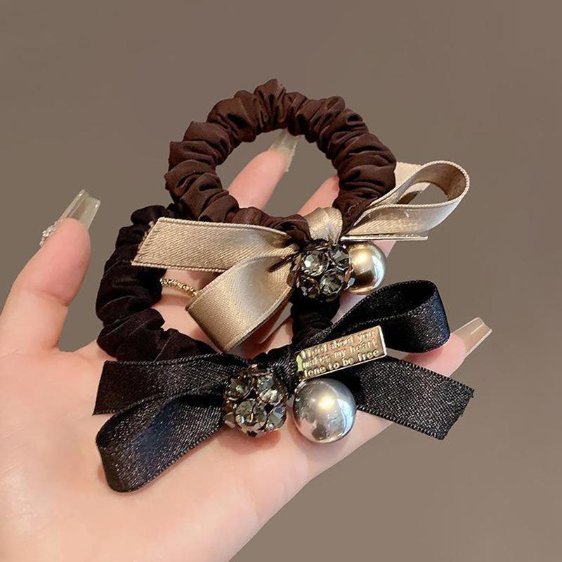 Light Luxury Hair Tie Retro Pearl Leather Band Bow High-end Large Intestine Hair Band Autumn and Winter Hair Tie Leather Cover