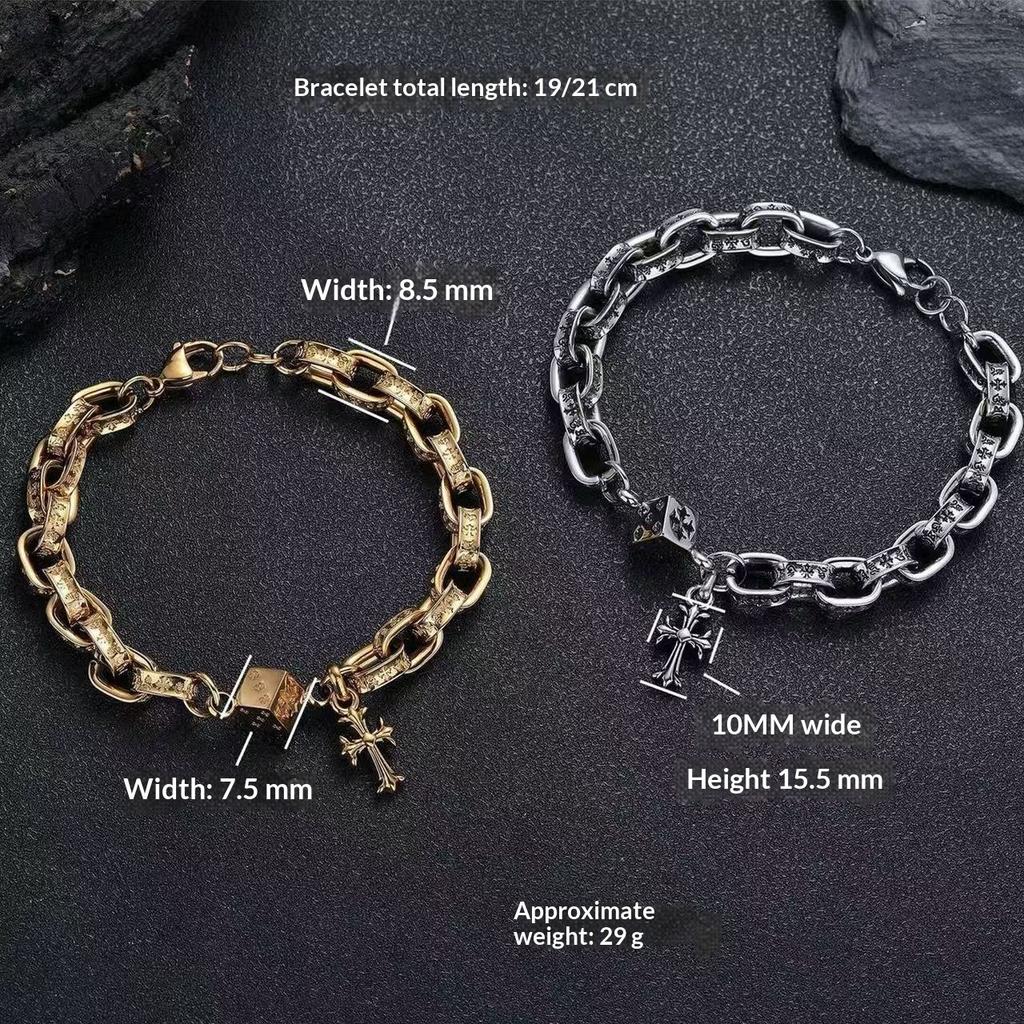 Sanskrit retro titanium steel men's and women's bracelets dice do not fade cross flower hip hop gold Cuban bracelet