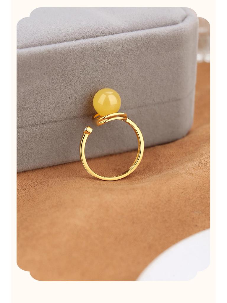 Elegant S925 Silver Amber Beeswax Adjustable Ring - Light Luxury