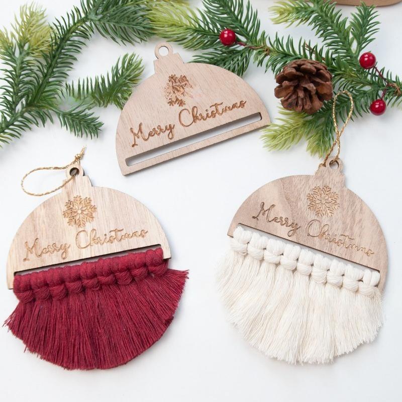 Drewniana ozdoba makrama pleciony sznurek wiórki drzewne płatek śniegu DIY choinka okrągła dekoracja