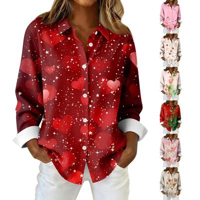 Women's Shirt Blouse Christmas Print Button Long Sleeve Casual Basic Shirt Collar Regular Top