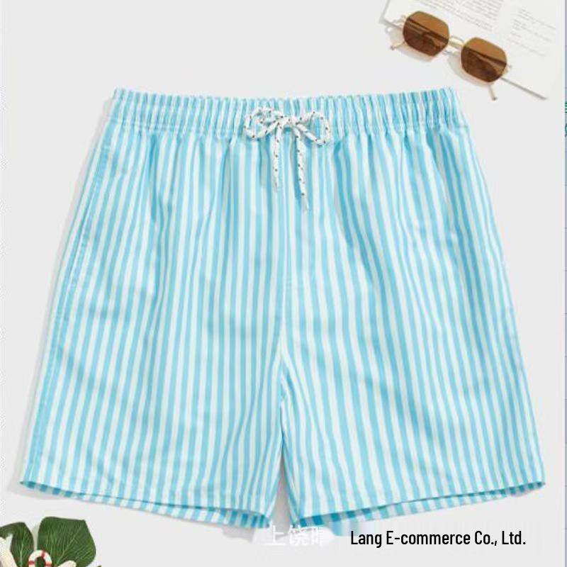 2026 Summer Men's Quick-drying Blue & White Stripe Beach Bermuda Shorts with Elastic Waist