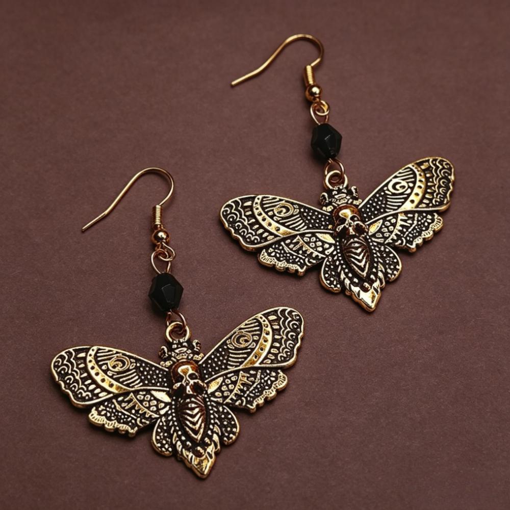 Orecchini Pendenti Oro Punk Retrò Design Intagliato Teschio Falena per Donne Accessori Gioielli Festa Gotica Halloween