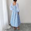 New Ruffles Lace Dress Blue Chiffon High Waist Square Neck Dress for Women