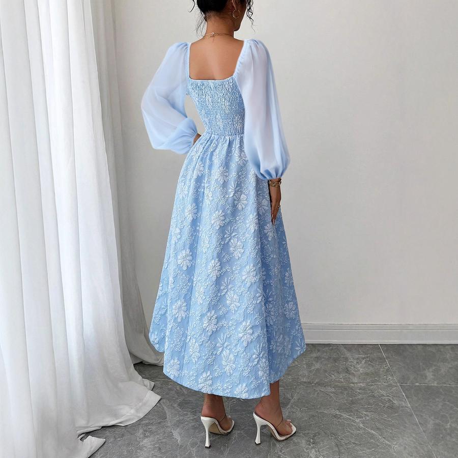 New Ruffles Lace Dress Blue Chiffon High Waist Square Neck Dress for Women