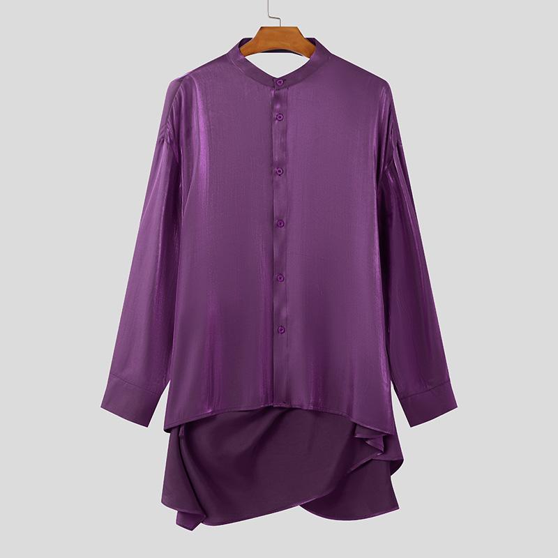 

INCERUN Мужские рубашки с блестками, длинные рукава, пуговицы, однотонные, с открытой спиной, бандажные топы 3XL фиолетовый