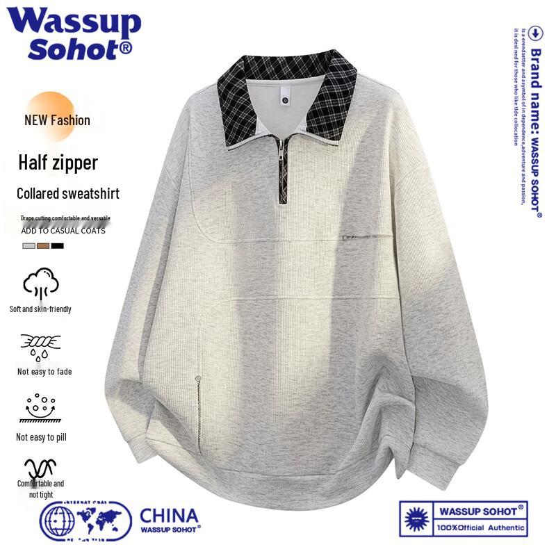 Wassup Sohot Men's Casual Zip-Neck Polo Sweatshirt