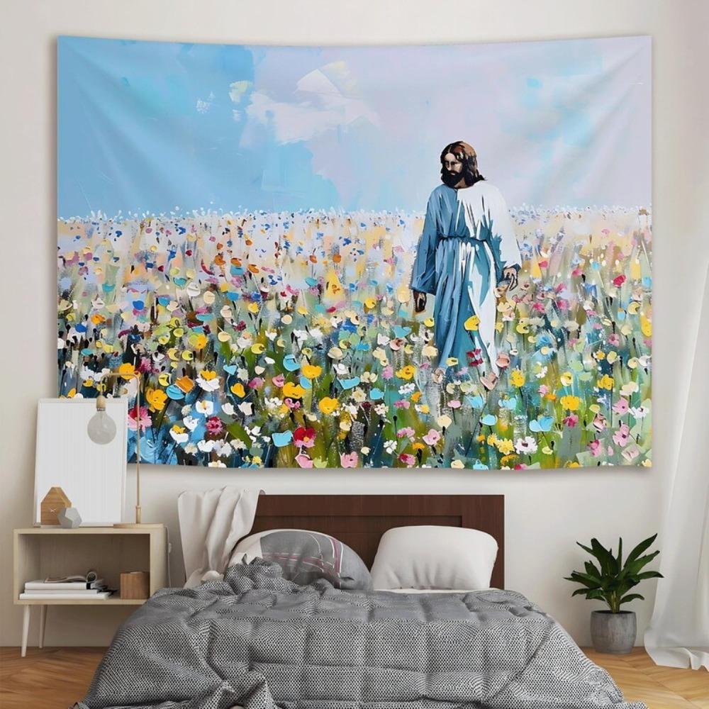 Jesus in Wildflower Field Tapestry Single Sided 2D Print Serene Tapestry Bedroom Living Room Church Calming Vibe Accessory Gift