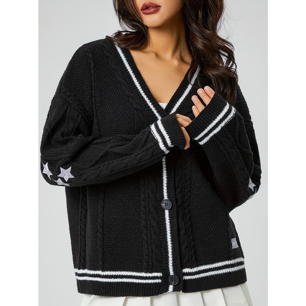 Women's V Neck Long Sleeve Loose Fit Solid Color Knitted Cardigan Casual Sweater Top