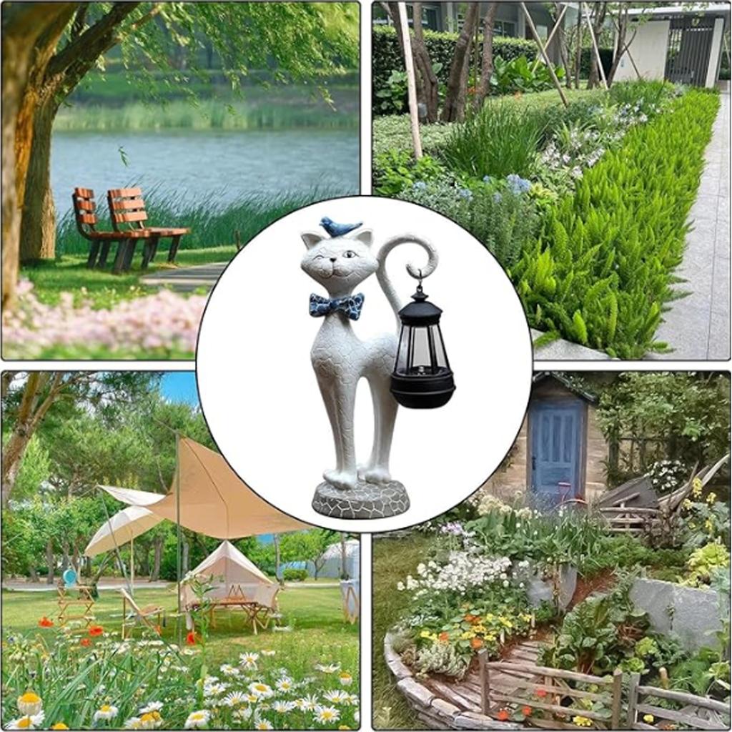 Solární Kočka, Roztomilá Figurka | Vodotěsné Pryskyřičné Ozdoby pro Dekoraci Zahrady, Verandy, Terasy, Zahrádky, Balkonu