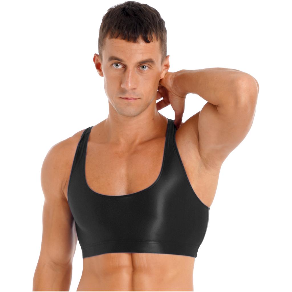 Canottiere da uomo lucide con scollo a U a tinta unita senza maniche crop top gilet per sport fitness yoga