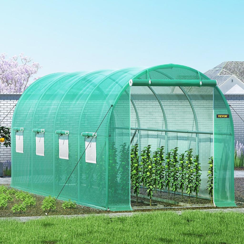 Walk-in Tunnel Greenhouse, 15 x 7 x 7 ft Portable Plant Hot House w/ Galvanized Steel Hoops, 1 Top Beam, 2 Diagonal Poles, 2 Zippered Doors & 8