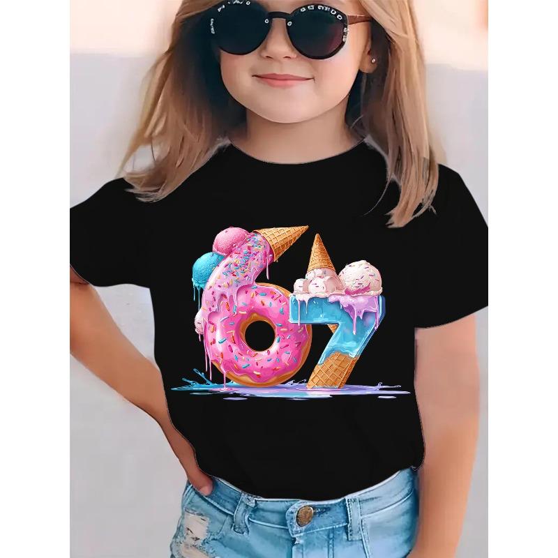 European sizes Summer Fashion Girls' Short Sleeve T-Shirt with Donut and Ice Cream Elements, Number 67 Cartoon Print, Casual and Versatile Top