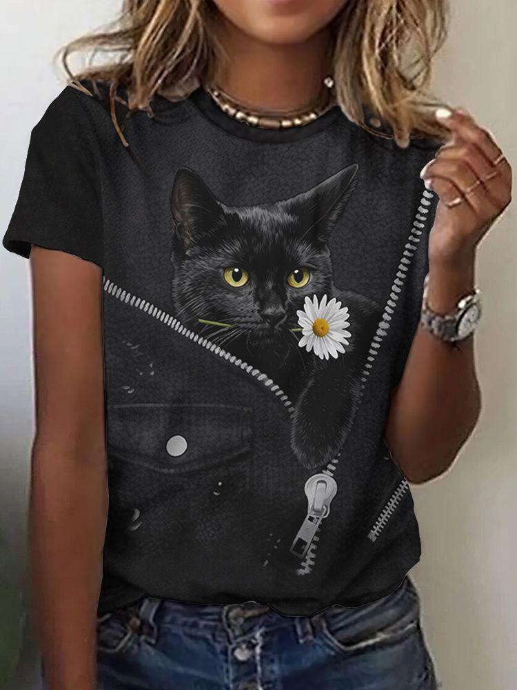 Summer Cute Kitten T-Shirts Cat 3D Print Women's Round Neck Short Sleeve T Shirt Casual Tees Harajuku Y2K Tops Female Clothing