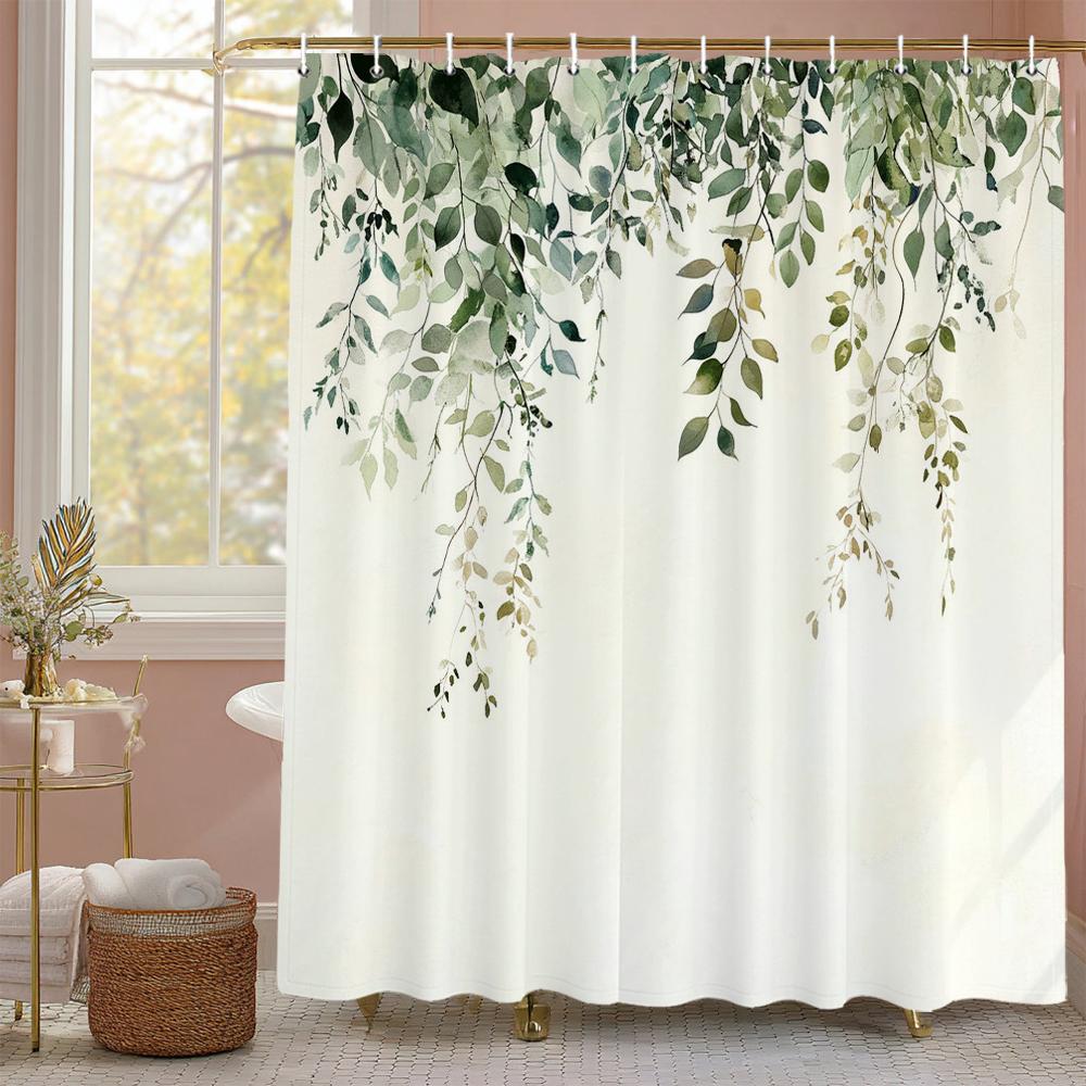 Green leaf plant Shower Curtain, Bathroom Decorative Shower Curtain, Waterproof Shower Curtain with Hooks