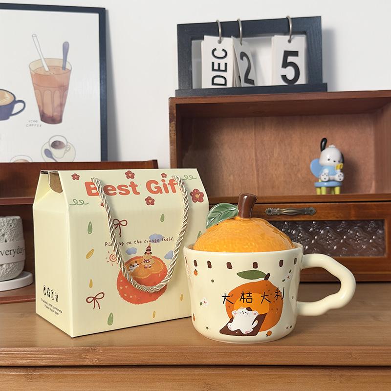 Cute Orange Cat Mug with Lid Creative Good Luck Cup Girls Home Coffee Cup Chinese New Year Gift