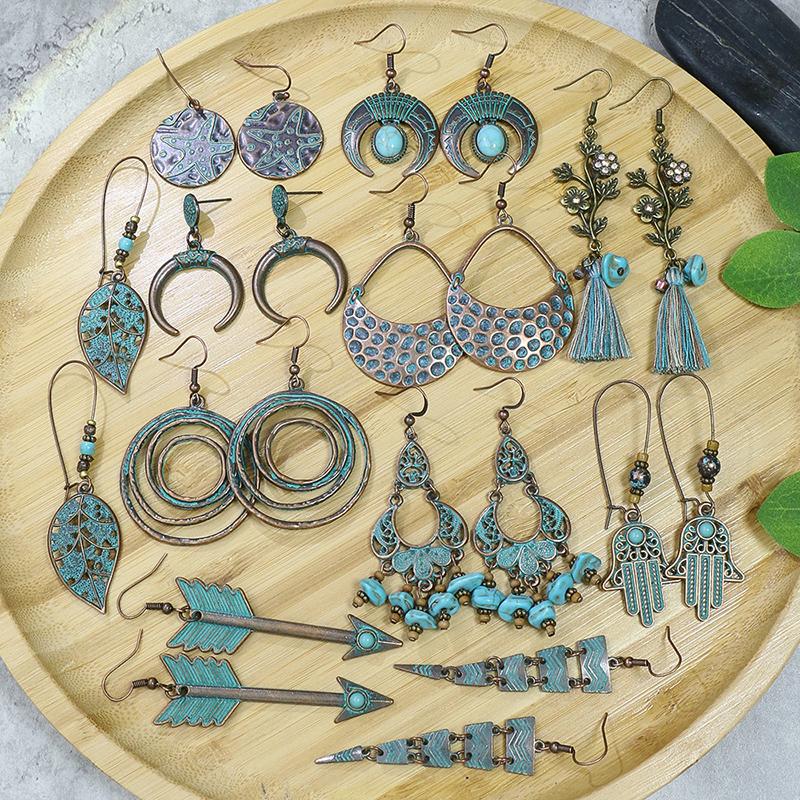 Vintage Boho Blue Stone Beaded Drop Earrings For Women Tassel Ethnic Geometric Flower Leaf Long Dangle Earrings Trendy Zircon