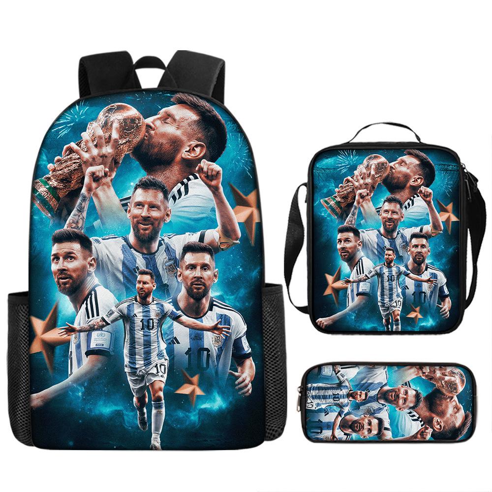 Sac à dos scolaire imprimé Messi pour étudiant Sac à dos Satchel C Luo pour Neymar Ensemble trois pièces