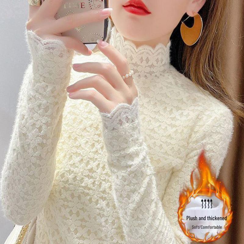 

Women s Fleece-Lined Slim Fit Winter Lace High Neck Top - Warm & Versatile XL