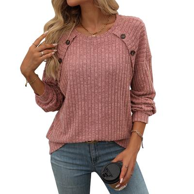 Women's Autumn Round Neck Pit Stripe Brushed Solid Color Button Long Sleeve Top