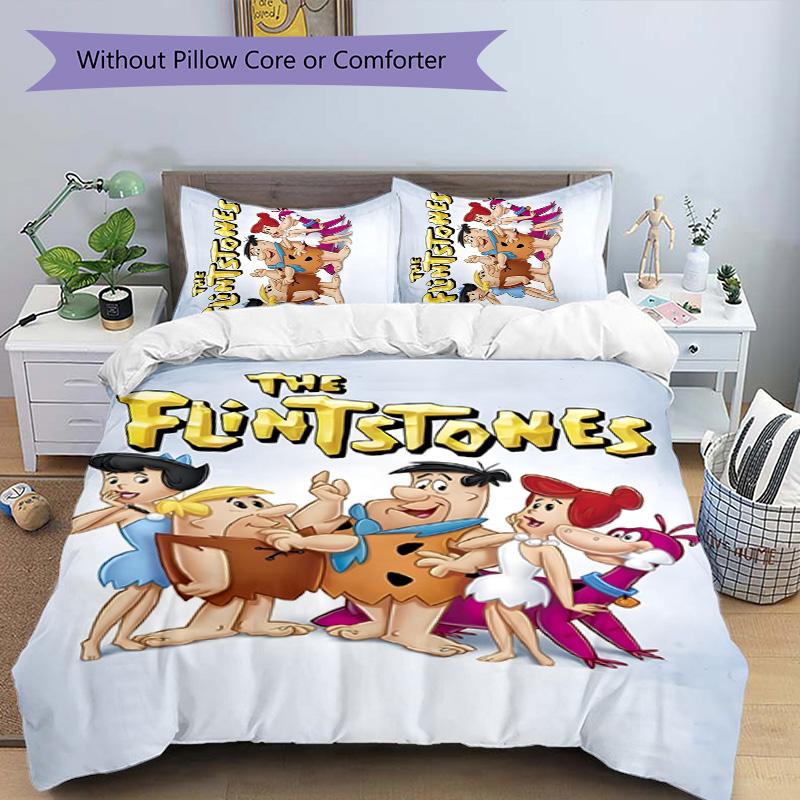Flintstones 3pcs Bedding Set Duvet Cover Closure Includes 1 Duvet Cover & 2 Pillowcases for All Seasons Bedroom Home Dorm Decor
