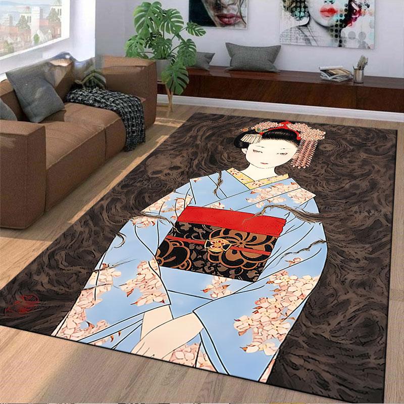 Geisha in Cherry Blossom Kimono suitable as a non-slip mat for the living room or bedroom sofa