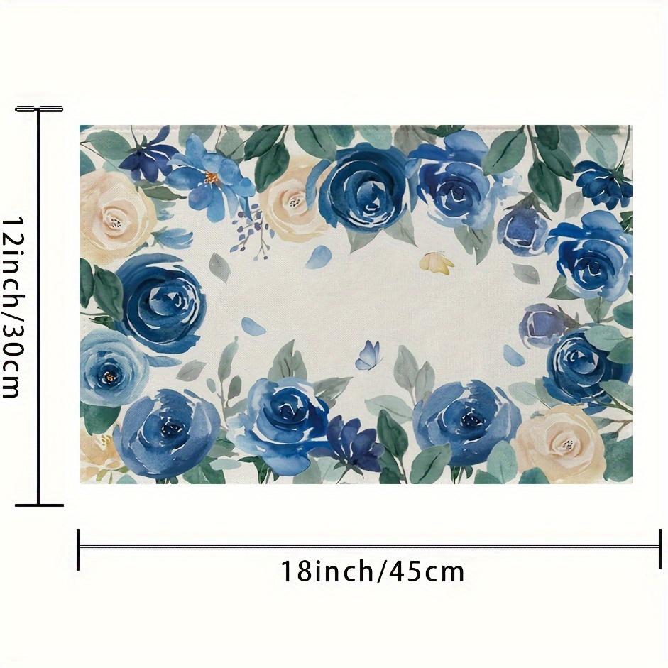 4pcs Blue & White Rose Floral Placemats – Elegant Watercolor Design, Machine Washable, Perfect for Spring/Summer Dining Parties
