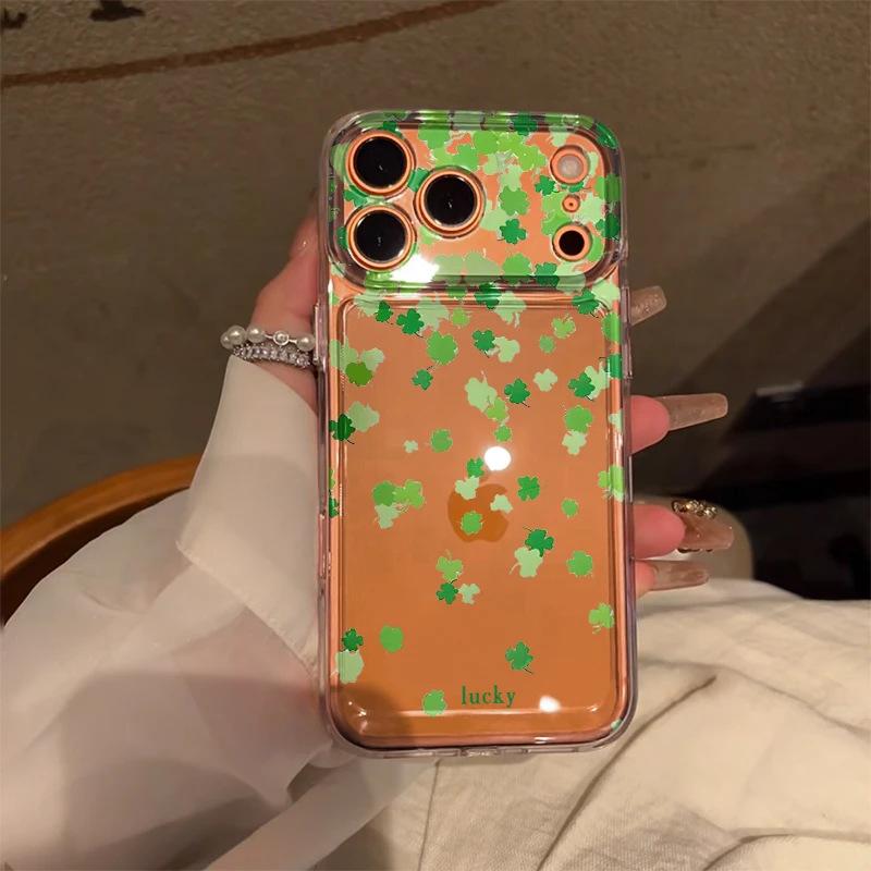 Green lucky four-leaf clover for Apple 17pro mobile phone case IP16plus transparent 15 space case 14 soft 13