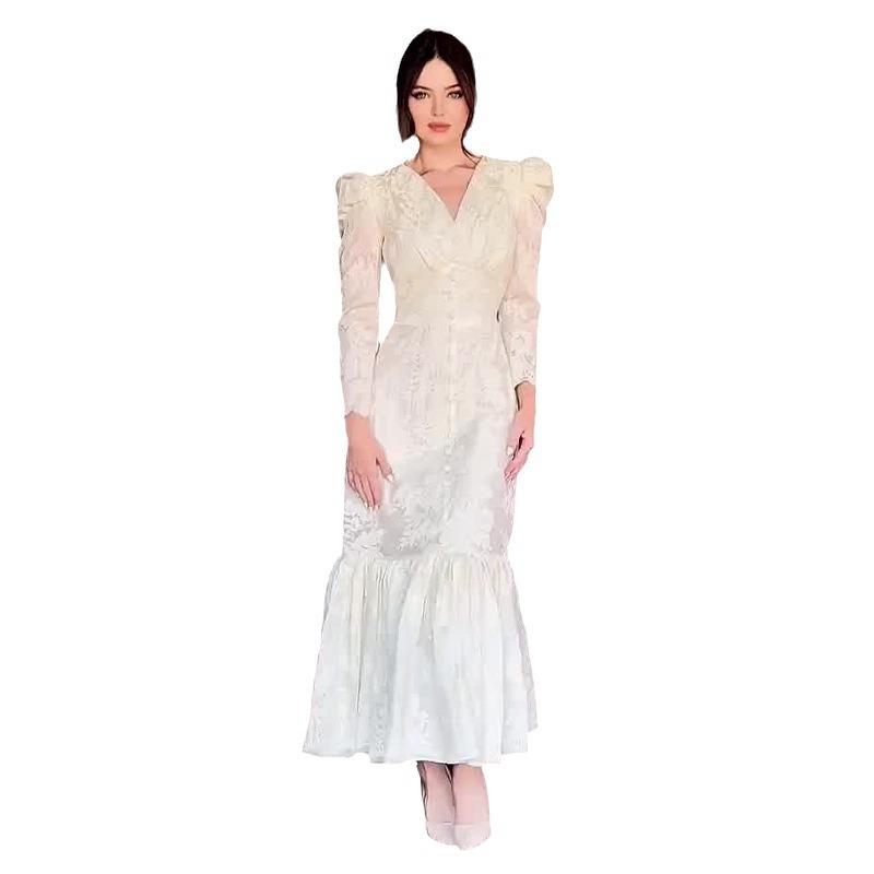 2024 Autumn European & American Women's Solid Color French Puff Sleeve Slimming Dress