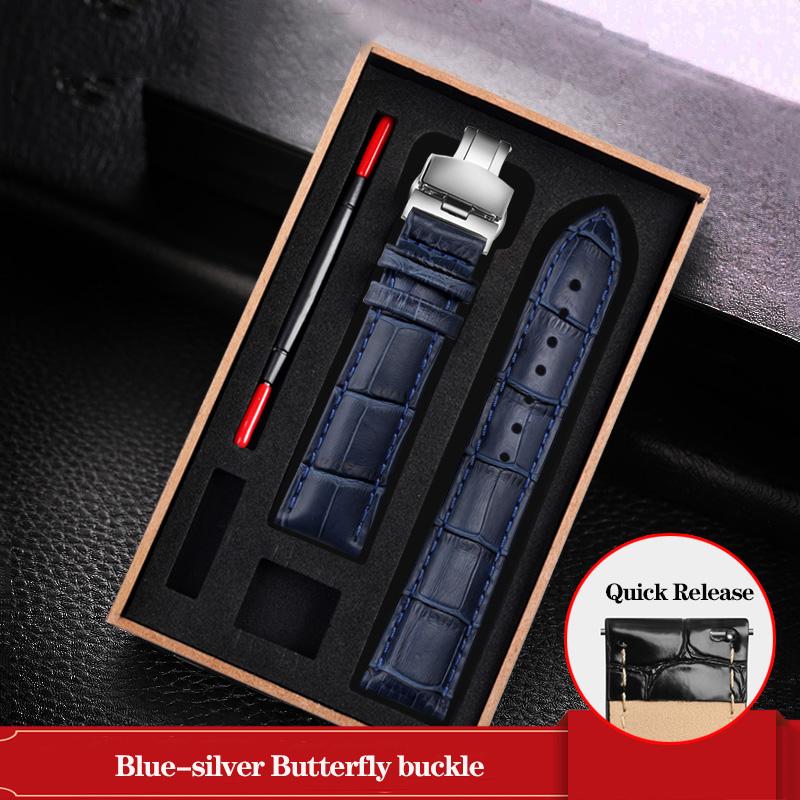Leather Watchband Black Blue Cowhide Strap Butterfly Buckle Fits All Brands of Watches Men Women 12/14/15/16/18/19/20/22/23mm