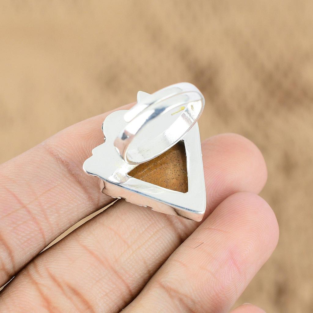 Gift For Her 925 Silver Natural Picture Jasper Promise Flower Adjustable Ring