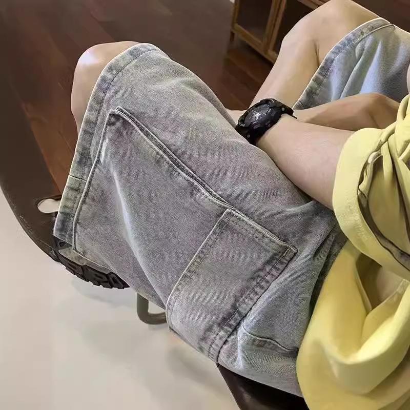 Men's High Street Solid Color Summer Work Shorts with Large Pockets - Trendy Five-Point Style.