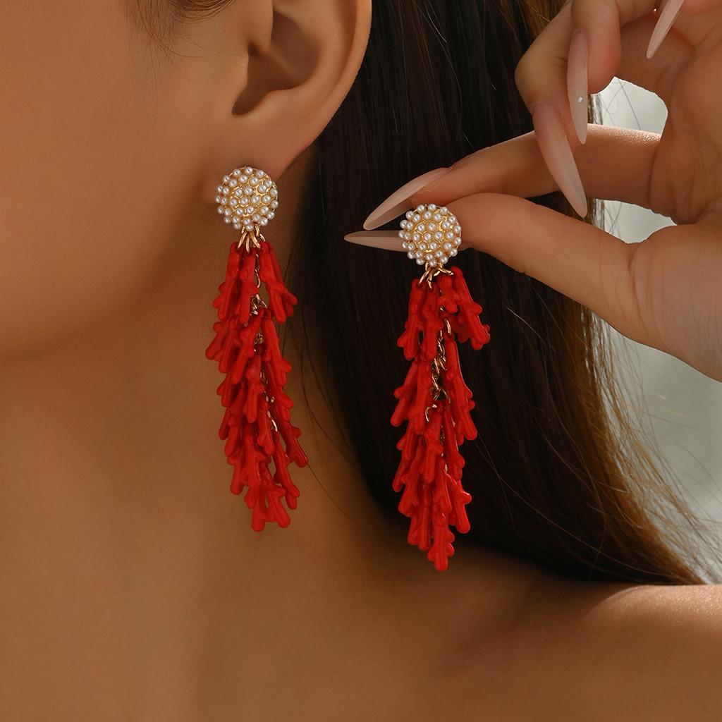 Stylish Beach Coral Resin Earrings With Pearl Accents Lightweight Alloy Jewelry For Women Daily Wear