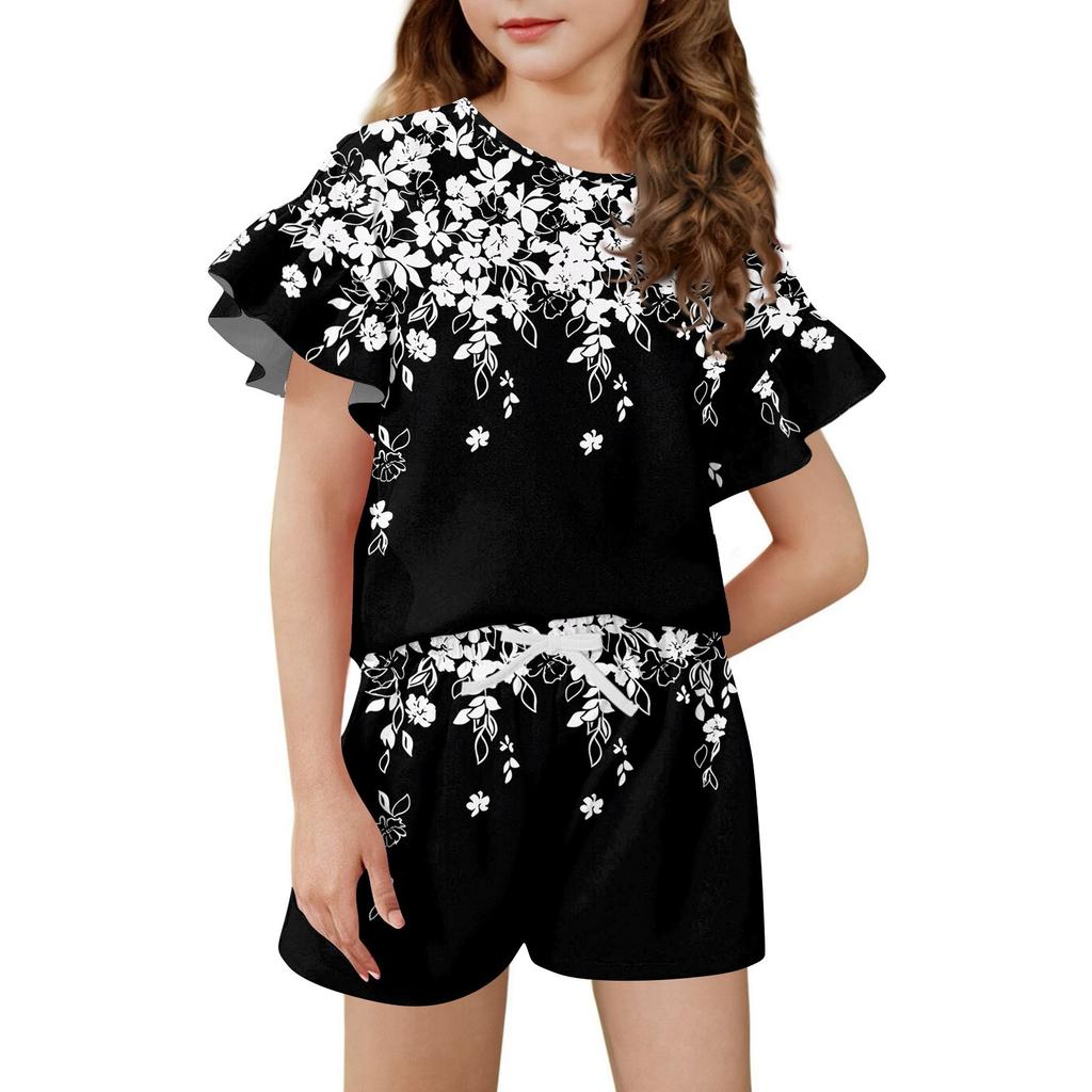 Girls' Summer Outfit Ruffle Sleeve Top And Shorts Clothing Set Lightweight Casual Two Piece