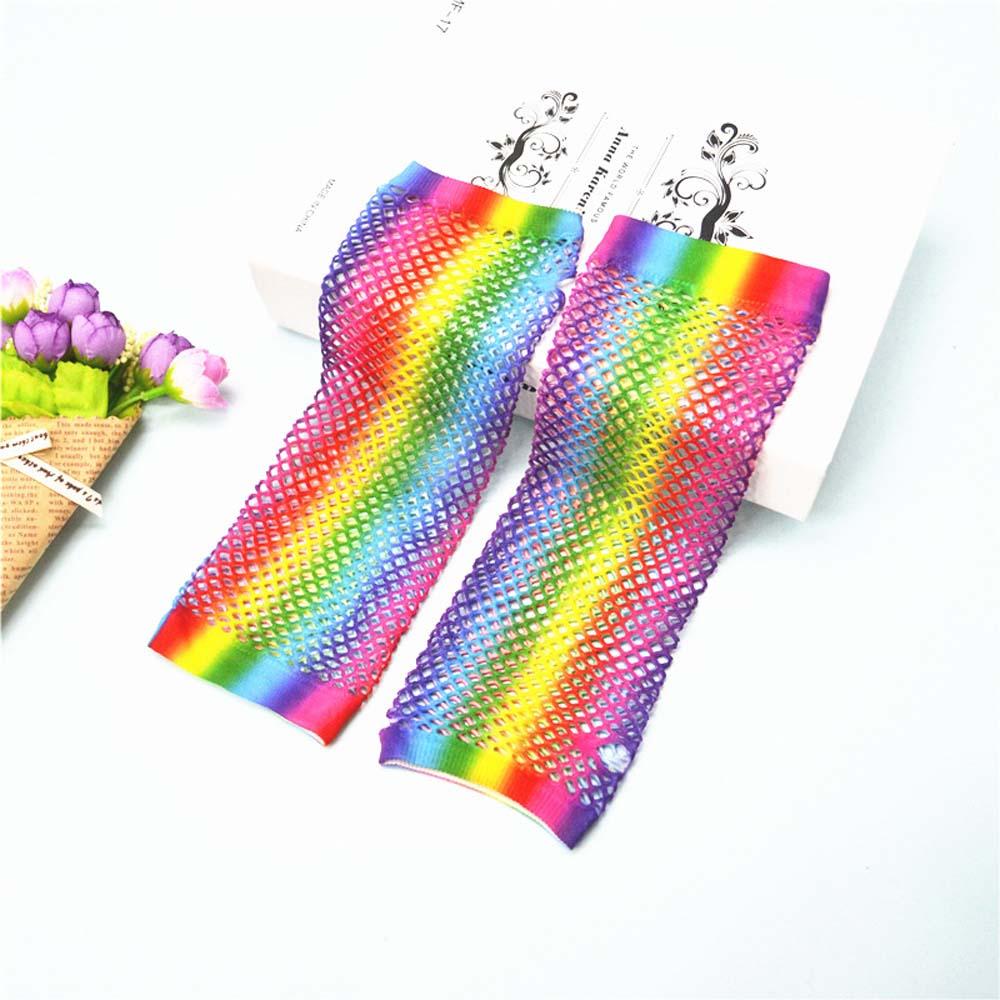 For Women Party Girl Long Half Finger Nylon Rainbow Color Gloves Arm Sleeves Fishing Net Gloves