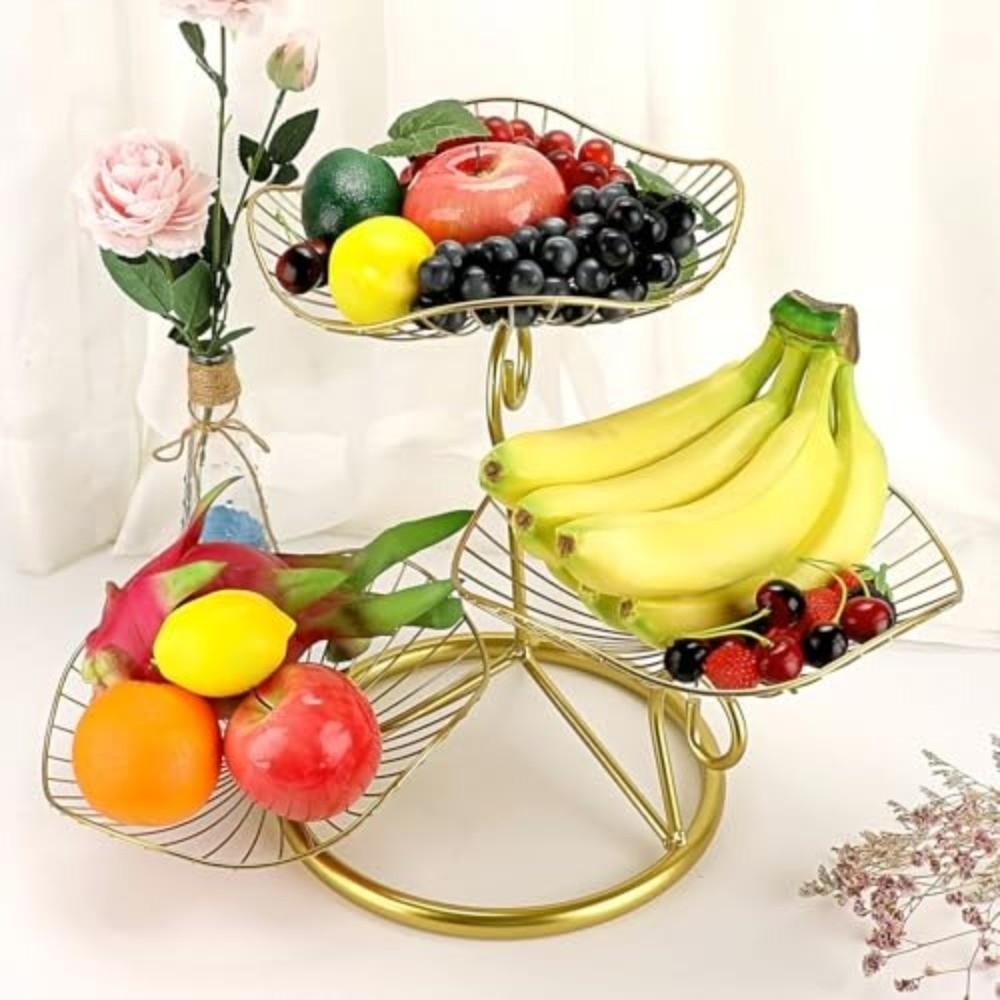 High Quality Iron 3-Tier Fruit Basket Lotus Leaf Shape Vintage Fruit Bowls Stand Fruit Holder Bread Snack Display