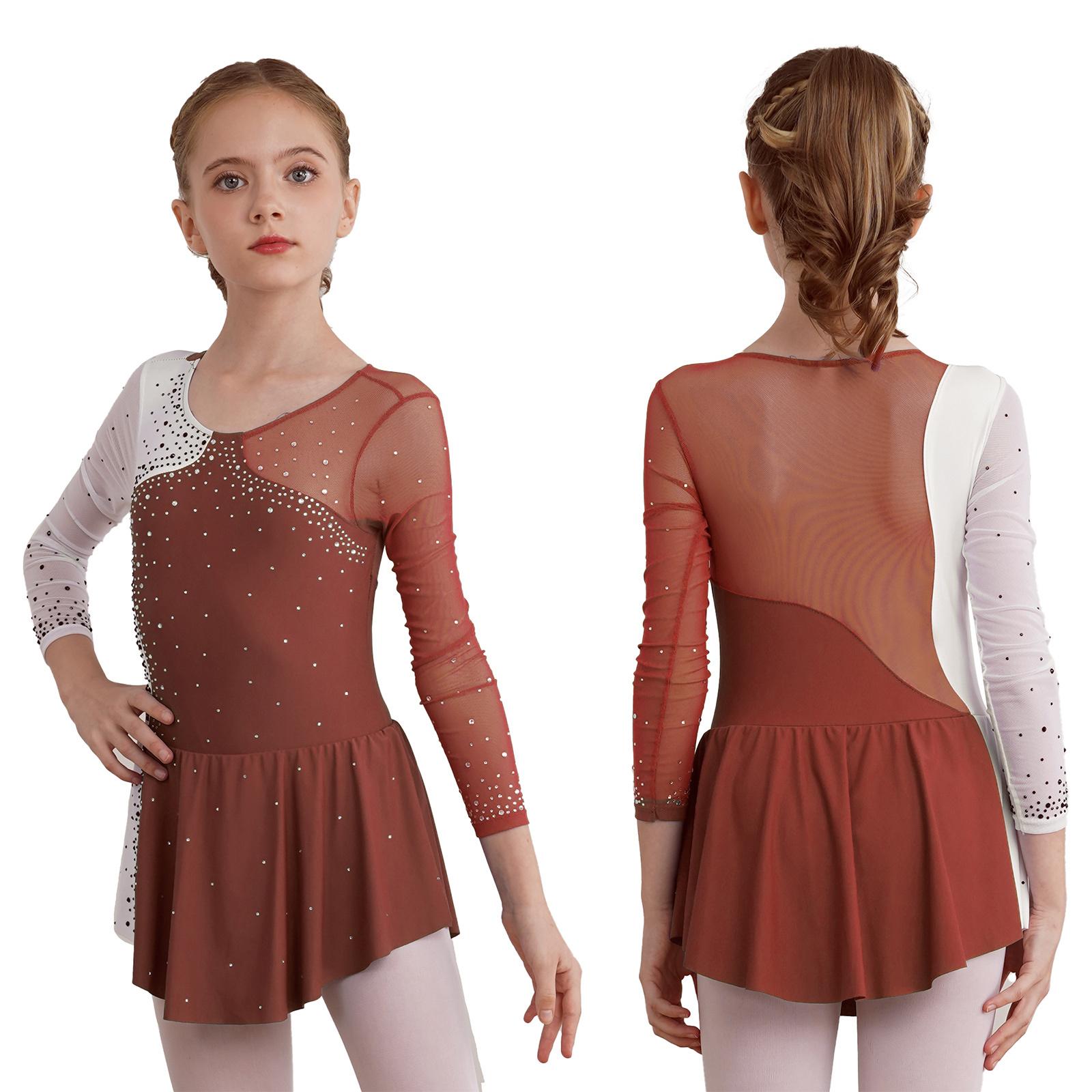 Kinder Mädchen Eiskunstlauf Kleid Ballett Tanz Gymnastik Trikot Tutu Langarm Glänzende Strass Sheer Mesh Kleider Dancewear 5-6 Years braun