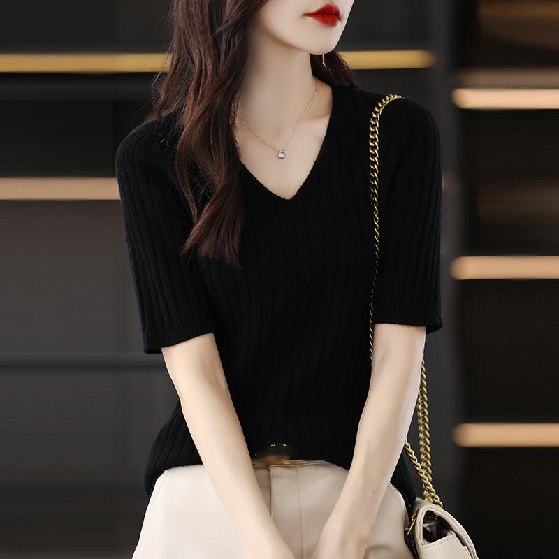 Frühling Sommer Damen V-Ausschnitt Kurzarm Exquisiter Kaschmir Strickpullover Pullover Einfarbig