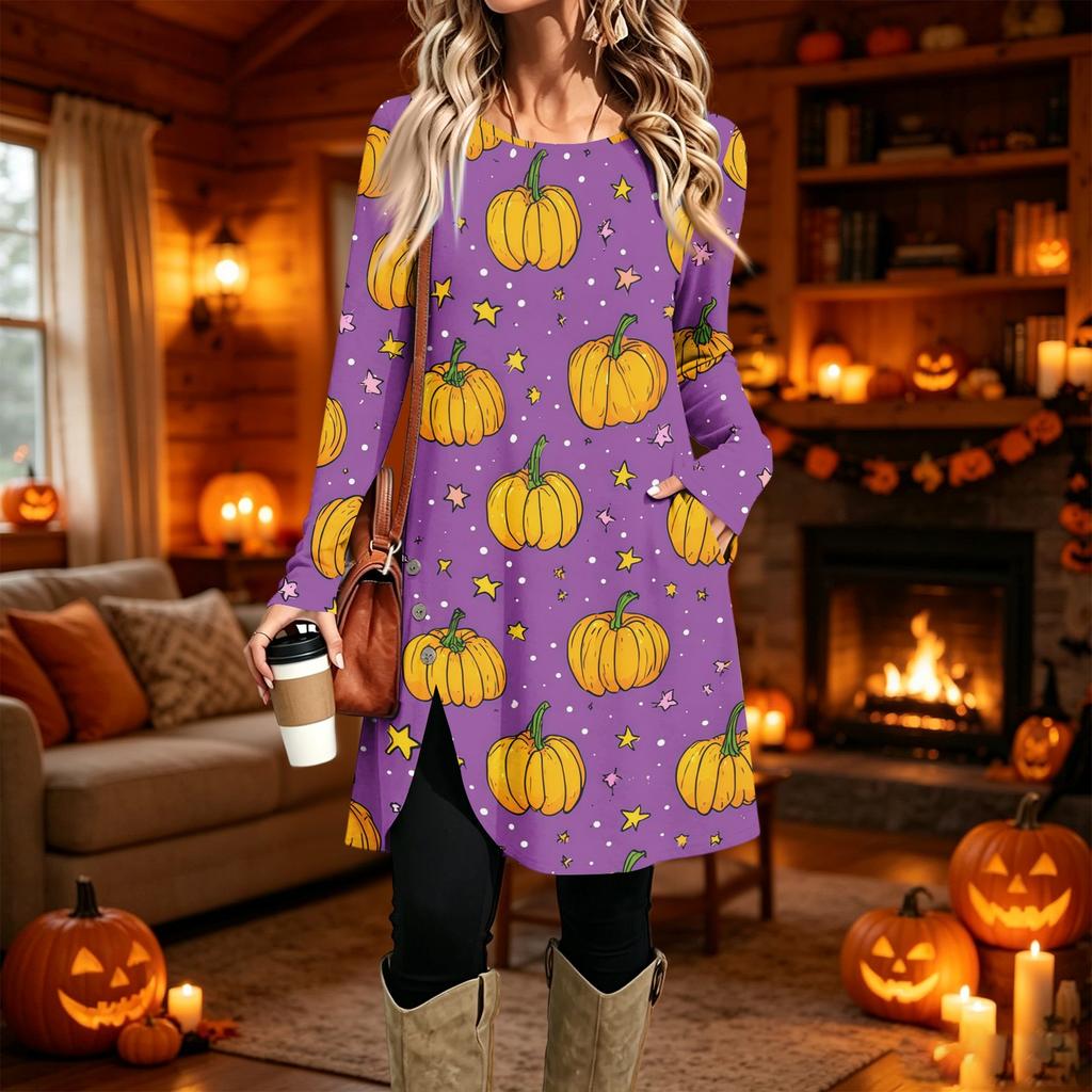 Women's Casual Long Sleeve Printed Round Neck Dress for Everyday Fashion