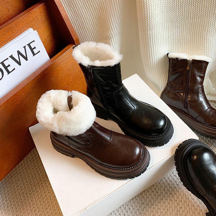 2025 høst og vinter nye tykksålede skinn Martin-støvletter dame varme ekte hår korte støvletter utsøkte sideglidelås lammullsstøvletter