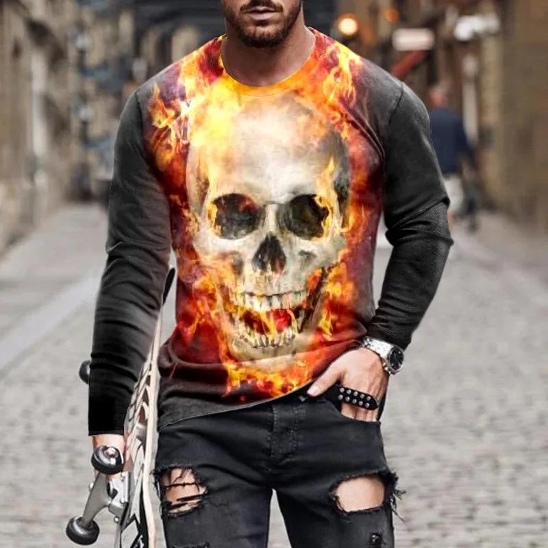 Round Neck 3D Skull Printed Top Fashionable Long Sleeved Men's T-shirts - Soft Medium Stretch Polyester Fabric Spring and Autumn Relaxed Fit Clothing