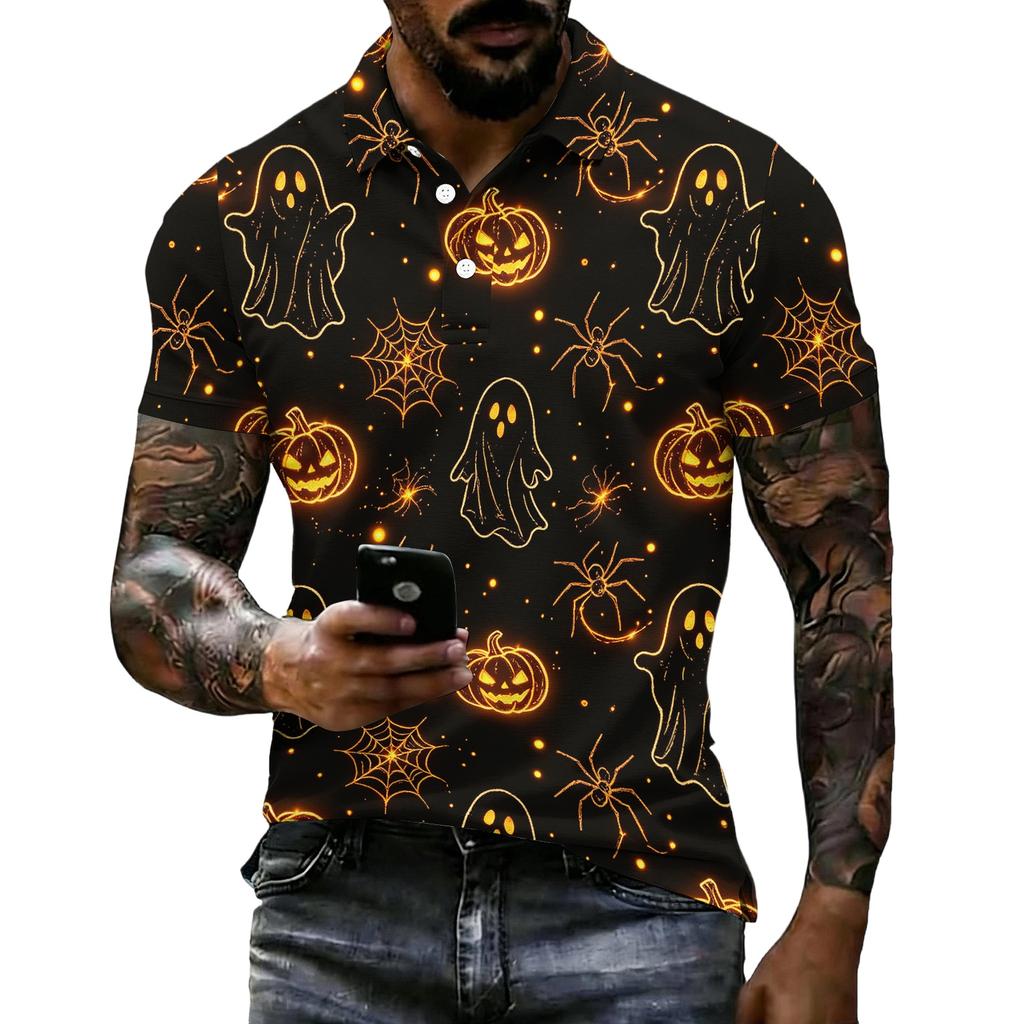 Unisex Loose Fit Casual Short Sleeve Polo Shirt with Halloween Themed Print Pullover Design for Everyday Wear