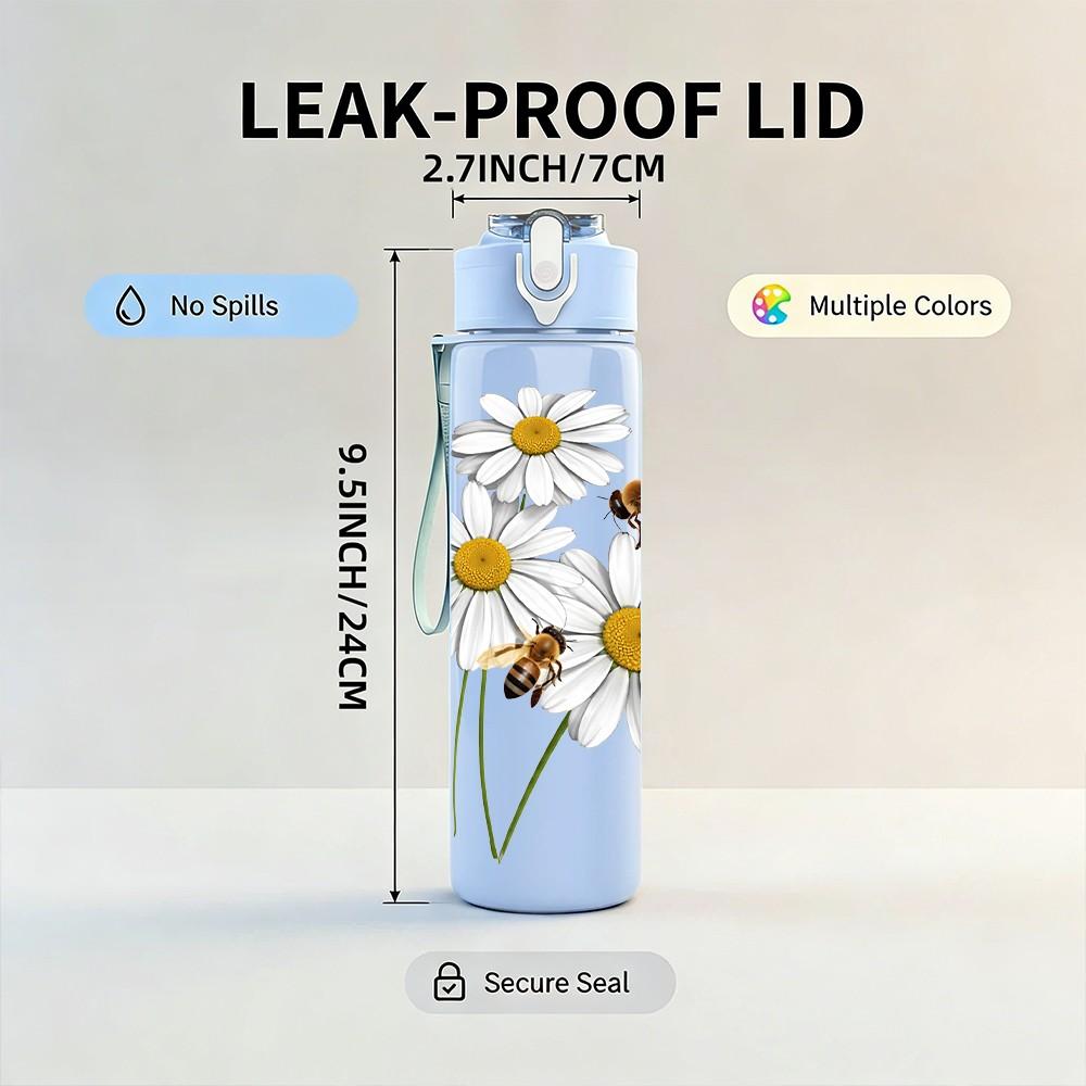 1PC White Daisy Yellow Center Flower Print 750ml Color Plastic Sports Water Bottle Leakproof Flip Straw Lid Suitable for Sports Office Home Use