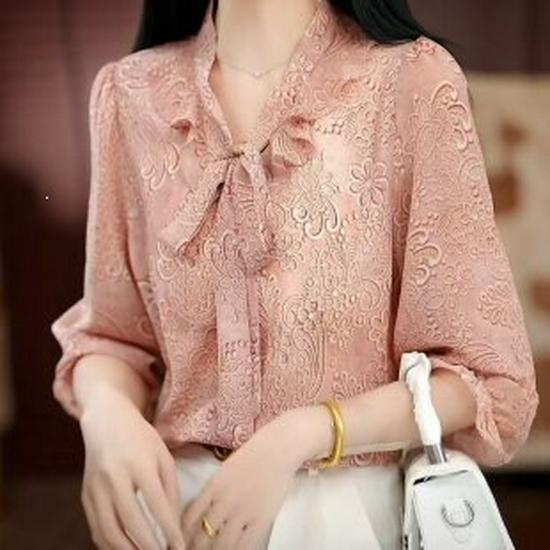 2026 Spring Chiffon Seven-Sleeve Blouse for Middle-Aged & Elderly Women - Lightweight Summer Top Medium