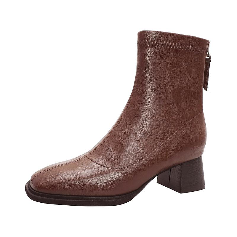 Women's Winter Boots Medium Boots 2025 New High Heel Short Boots Women's Brown Martin Boots Square Head Skinny Boots Thick Heel