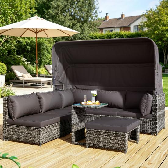 Rattan Sun Island Seating Set, Sofa with Canopy, Footrest, Armchairs, and Table, Outdoor Garden Furniture, Lounge Furniture for Balconies and Gardens,