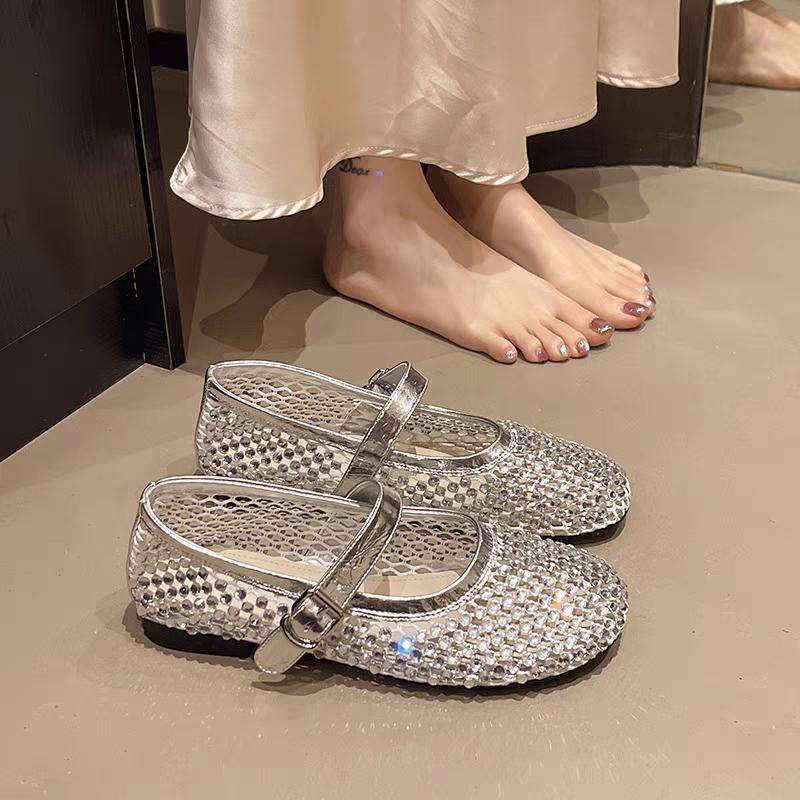 

Breathable French Burst Flash Beautiful Rhinestone New Baotou Flat Summer Slippers for Outer Wear 2025 Single Shoes 35